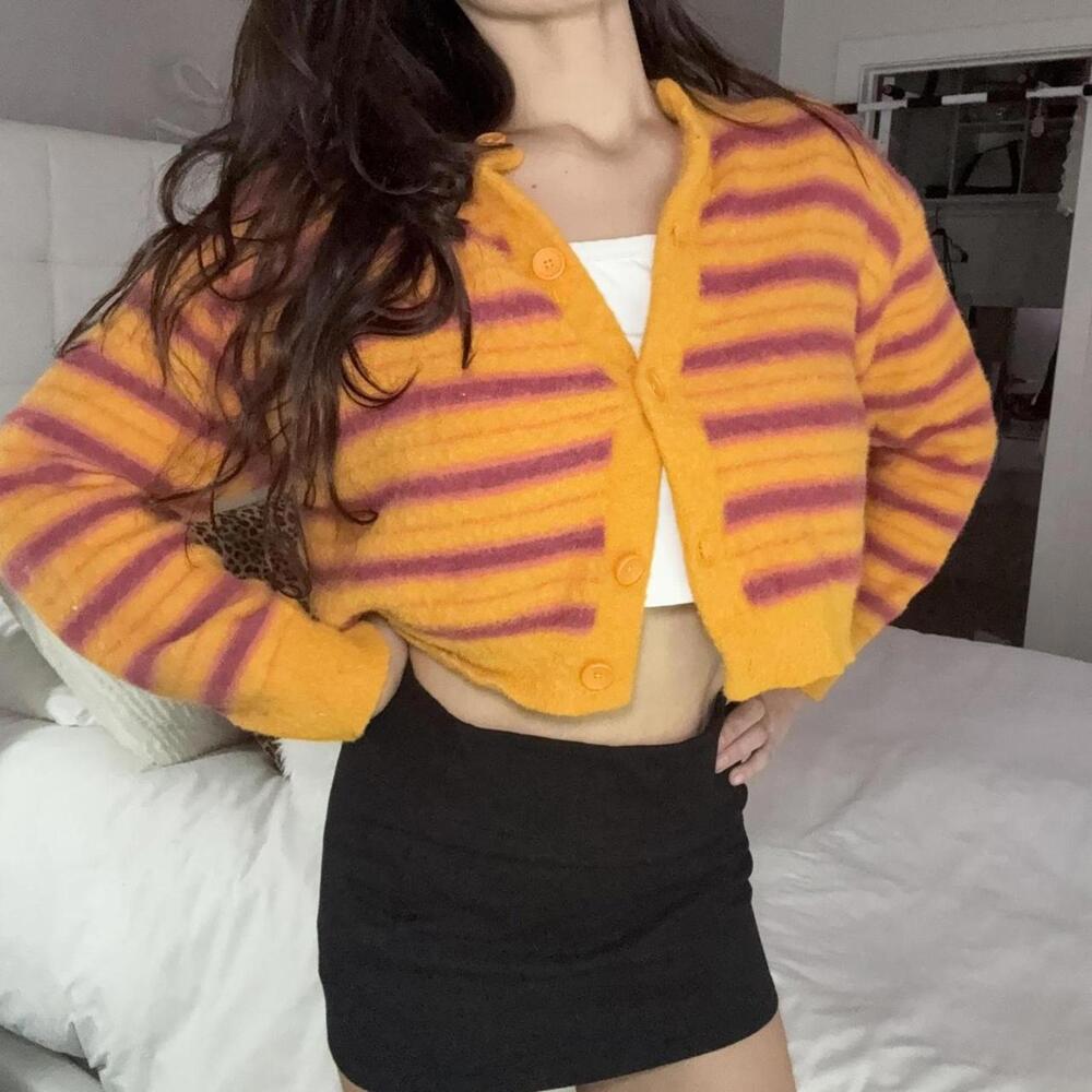 Cozy Striped Cropped Cardigan Sweater - Small